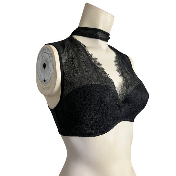 Victoria's Secret Dream Angels Lined Plunge Bra Black Lace High Neck Collar 34C - Picture 2 of 7